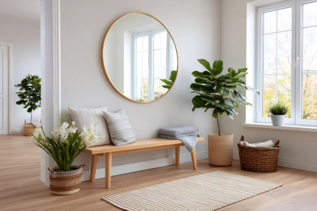 Entryway featuring a wooden bench, round mirror, potted plants, and natural lightの素材