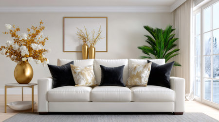 Living room interior presenting a white sofa, decorative pillows, and a window overlooking a winter landscapeの素材