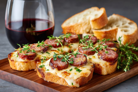 Sausage and melted cheese bruschetta with fresh thyme and red wine on a wooden boardの素材