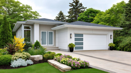 Contemporary residential home presenting lush landscaping, a white garage, and a concrete drivewayの素材