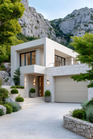 Contemporary luxury home design featuring stone and white facade integrating with a mountain landscapeの素材