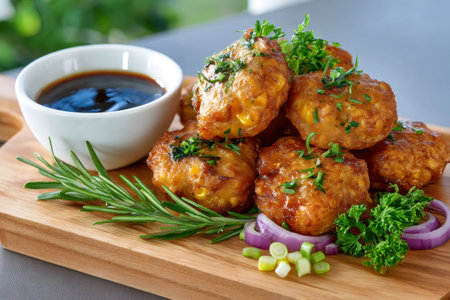 Golden brown corn fritters with fresh herbs, red onion, and a savory dipping sauce on a wooden boardの素材