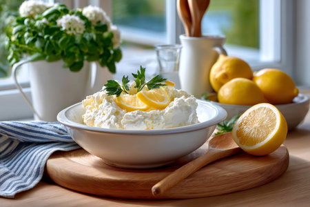 Cottage cheese in a bowl garnished with lemon and parsley on a wooden boardの素材