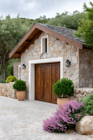 Rustic stone garage with a dark wooden door nestled within lush green vegetation and blooming heatherの素材