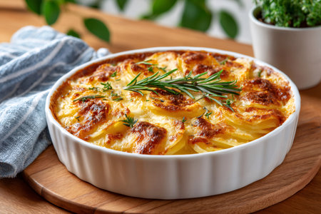Creamy potato gratin dauphinoise baked in a white casserole dish with golden brown cheeseの素材