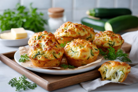Savory zucchini cheese muffins baked and ready for eatingの素材