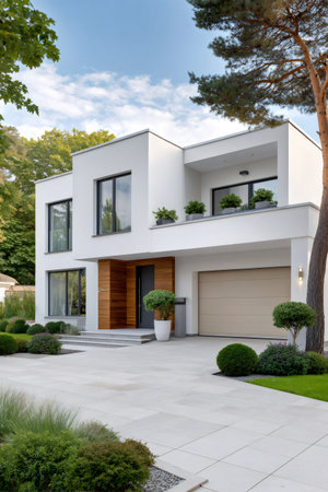 Modern white house exterior featuring a flat roof and clean architectural linesの素材