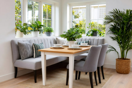 Modern home interior featuring a dining space with built-in seating, table, and houseplantsの素材
