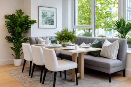 Dining room showing contemporary interior design with banquette seating, wooden table, and natural lightの素材