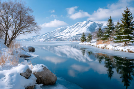 Serene lake reflecting snow-capped mountains and evergreen trees under a clear blue skyの素材