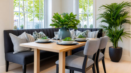 Modern dining room interior featuring a wooden table, bench seating, and decorative plants by a large windowの素材