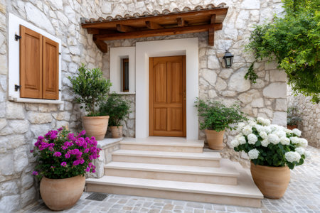 Traditional stone house entrance with wooden door, shutter, steps, and vibrant potted flowersの素材