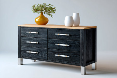 Black wooden dresser featuring a natural wood top and decorative accessories highlighting home stagingの素材
