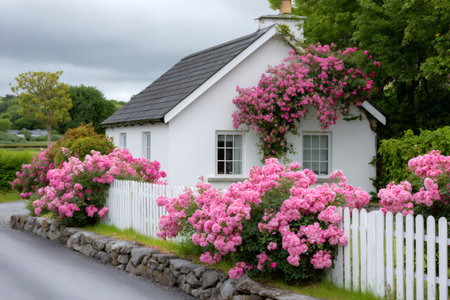 Idyllic white cottage adorned with vibrant pink roses and a classic white picket fenceの素材