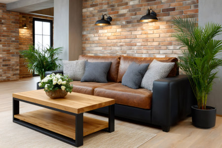 Modern living room interior with a brown leather sofa, rustic brick wall, wooden coffee table, and green plantsの素材