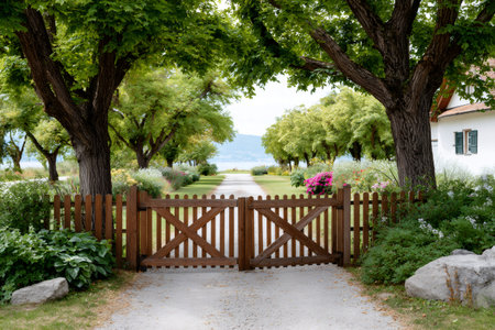Wooden gate opening onto a gravel driveway leading to a house, garden, and lakeの素材