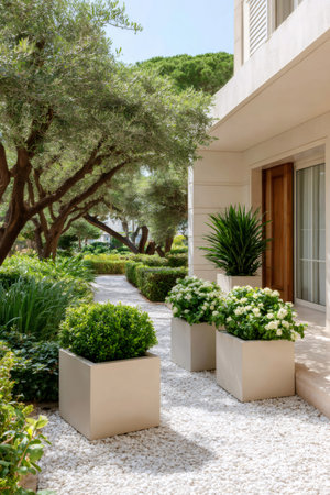 Landscaping a contemporary house exterior with ornamental plants and white gravel creates a serene gardenの素材