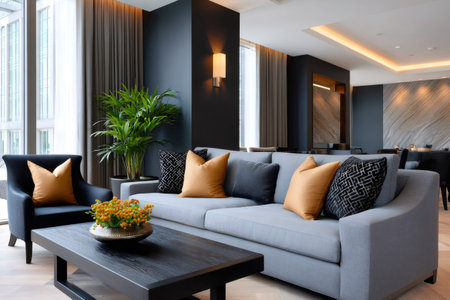 Modern living room featuring a comfortable sofa, armchair, and coffee table in a contemporary homeの素材