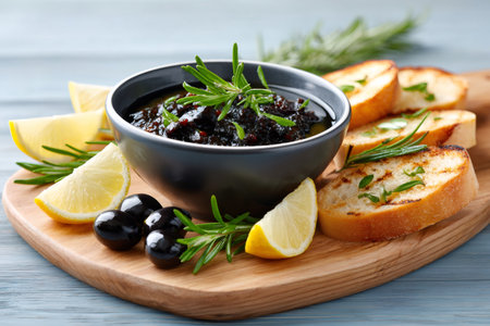 Tapenade served in a bowl with toasted bread, lemons, andの素材