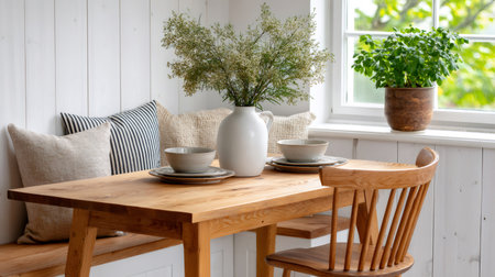 Wooden dining table with set dishes and cushions, bathed in natural window lightの素材