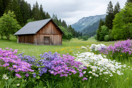 Wooden barn standing in a vibrant meadow with wildflowers, forest, and mountains under a cloudy skyの素材