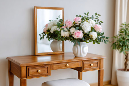 Fresh flowers in a vase decorating a room with mirror and plants for home decorの素材