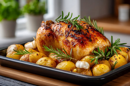 Juicy whole roasted chicken and golden potatoes seasoned with fresh rosemary and garlic clovesの素材