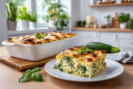 Homemade baked spinach lasagna with creamy sauce and golden crust, ready to serveの素材