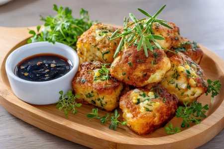 Savory herb fritters presented on a wooden board with a side of dipping sauceの素材