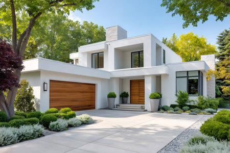 Contemporary residential house presenting minimalist architecture and beautiful landscaping on a sunny dayの素材