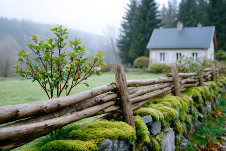 Rural house standing in a green field behind a weathered wooden fence and an old stone wallの素材