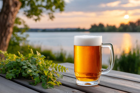 Refreshing beer mug sitting on a wooden table with lush greenery, enjoying a beautiful lake sunsetの素材