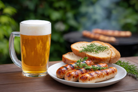 Grilling sausages on a plate with bread and a cold beer mug for a summer barbecueの素材