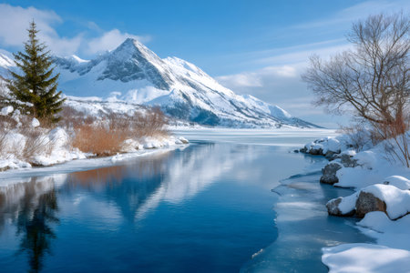 Snowy mountains reflecting in a partially frozen lake under a clear blue skyの素材