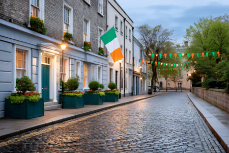 Georgian architecture flanking a cobblestone street at dusk, displaying the Irish flag and buntingの素材