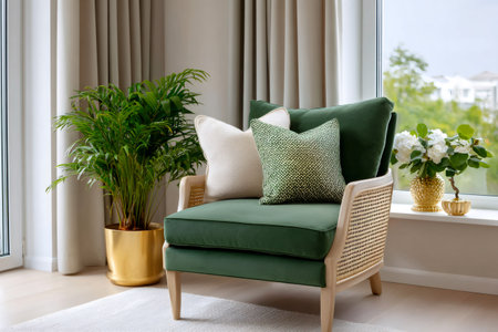 Living room interior featuring a green armchair, cushions, houseplant, and windowの素材