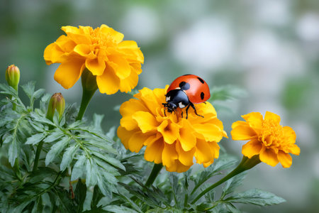 Ladybug walking on colorful marigold petals, symbolizing nature, summer, and delicate ecosystemsの素材
