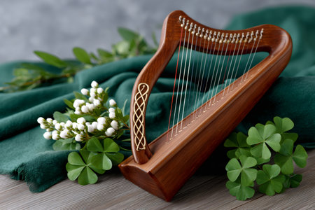 Wooden Celtic harp with shamrock and green fabric creating an Irish St. Patrick's Day sceneの素材