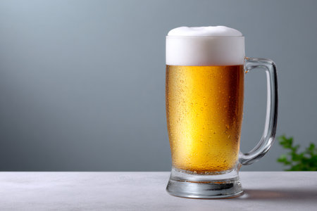 Beer stein filled with golden lager, bubbling white foam, and condensation dropletsの素材