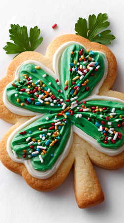 Shamrock cookie decorated with green icing and colorful sprinkles on a white backgroundの素材