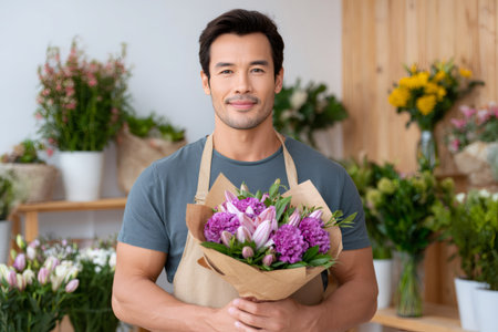 Smiling man florist holding a freshly wrapped flower bouquet in a small business flower shopの素材