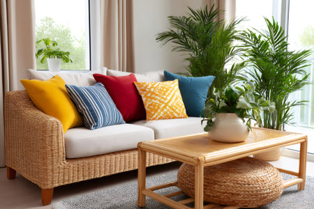 Styled living room featuring a woven sofa, vibrant decorative pillows, and fresh green plantsの素材