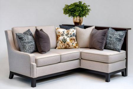 Contemporary l-shaped sofa decorating a living room space with accent pillows and plantsの素材