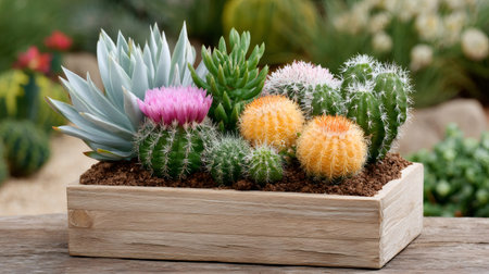 Succulent and cactus plants creating a vibrant arrangement in a rustic wooden planterの素材