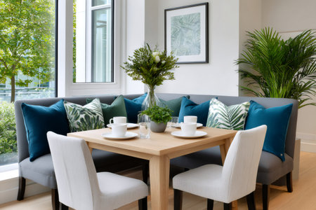 Contemporary dining nook featuring a banquette, wooden table, and natural green decorの素材