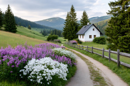 Rural house standing by a curving dirt path with vibrant wildflowers and green meadows leading into mountainsの素材