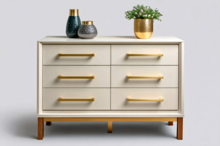 Modern dresser with golden handles and decorations, featuring minimalism and contemporary styleの素材