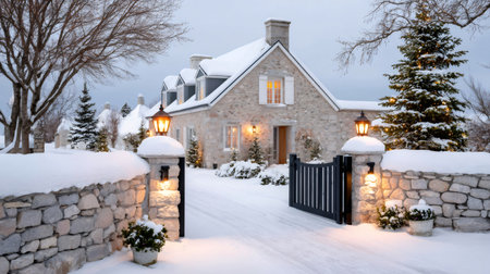 Stone house entrance decorated with Christmas lights and covered in fresh snow during winter eveningの素材