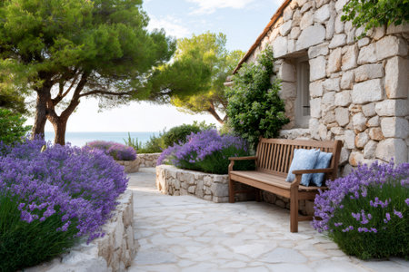 Mediterranean garden terrace with a stone house, wooden bench, lavender flowers, and ocean viewの素材