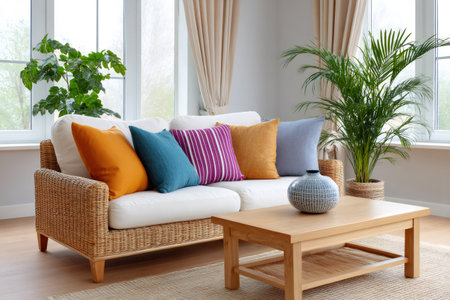 Cozy living room showcasing comfortable sofa with colorful pillows, house plants, and wooden coffee tableの素材
